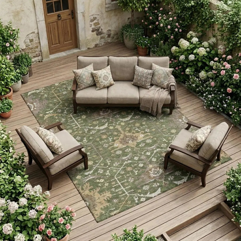 8' X 10' Olive Green And Green Oriental Washable Indoor Outdoor Area Rug Homeroots Outdoor