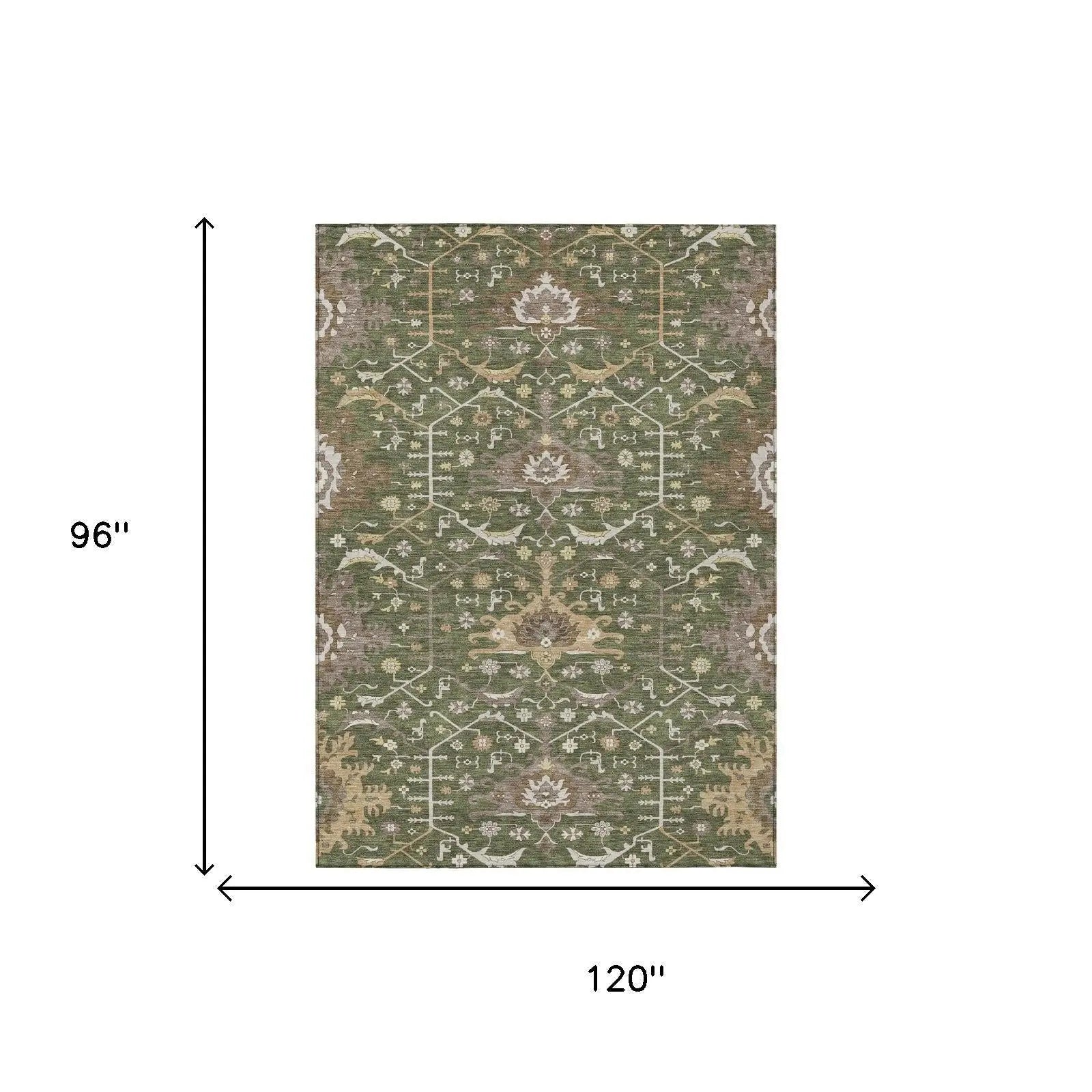 8' X 10' Olive Green And Green Oriental Washable Indoor Outdoor Area Rug Homeroots Outdoor