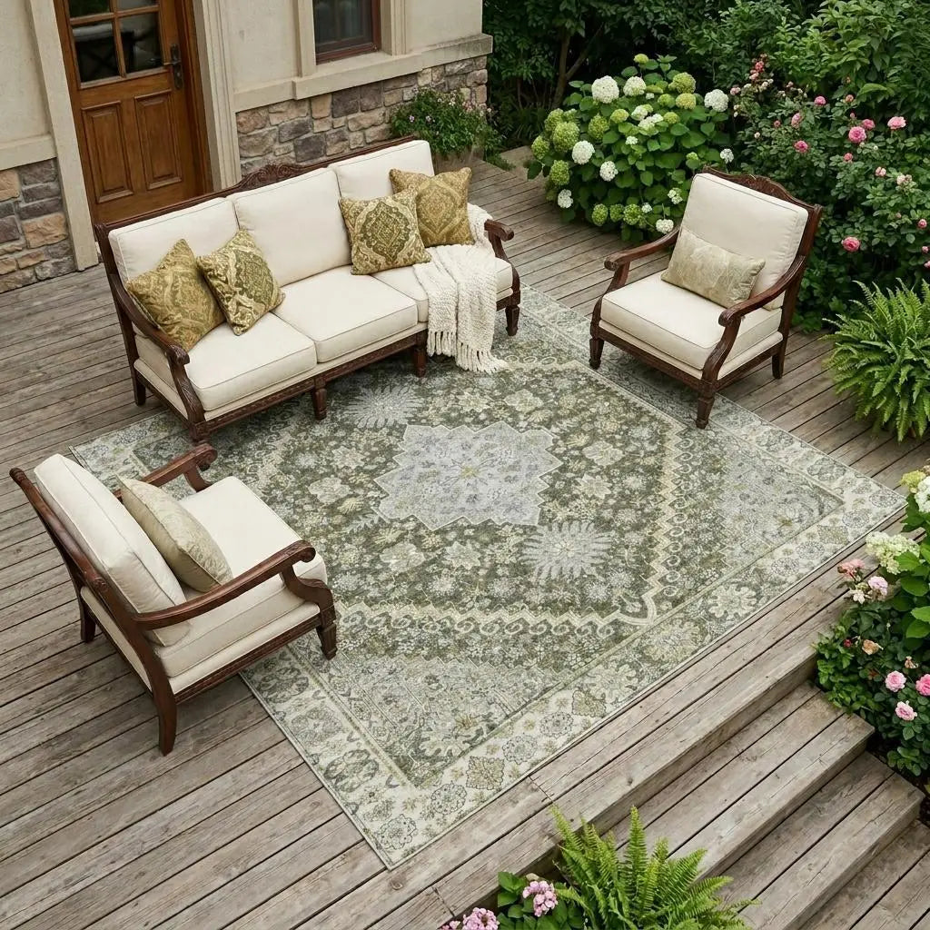 8' X 10' Olive Green And Green Oriental Washable Indoor Outdoor Area Rug Homeroots Outdoor