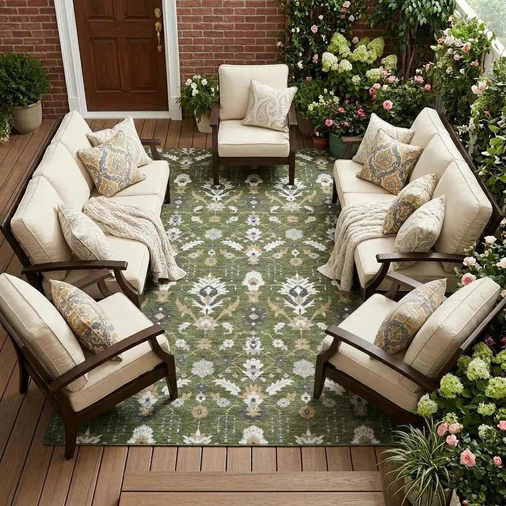 8' X 10' Olive Green And Green Oriental Washable Indoor Outdoor Area Rug Homeroots Outdoor