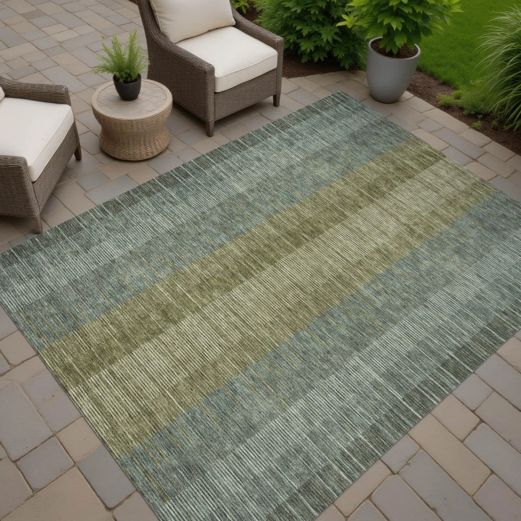 8' X 10' Olive Green And Green Striped Washable Indoor Outdoor Area Rug Homeroots Outdoor