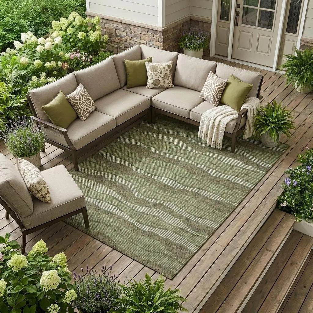 8' X 10' Olive Green And Green Striped Washable Indoor Outdoor Area Rug Homeroots Outdoor