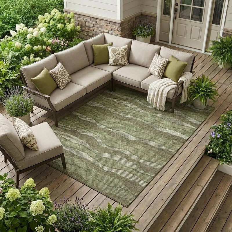8' X 10' Olive Green And Green Striped Washable Indoor Outdoor Area Rug Homeroots Outdoor