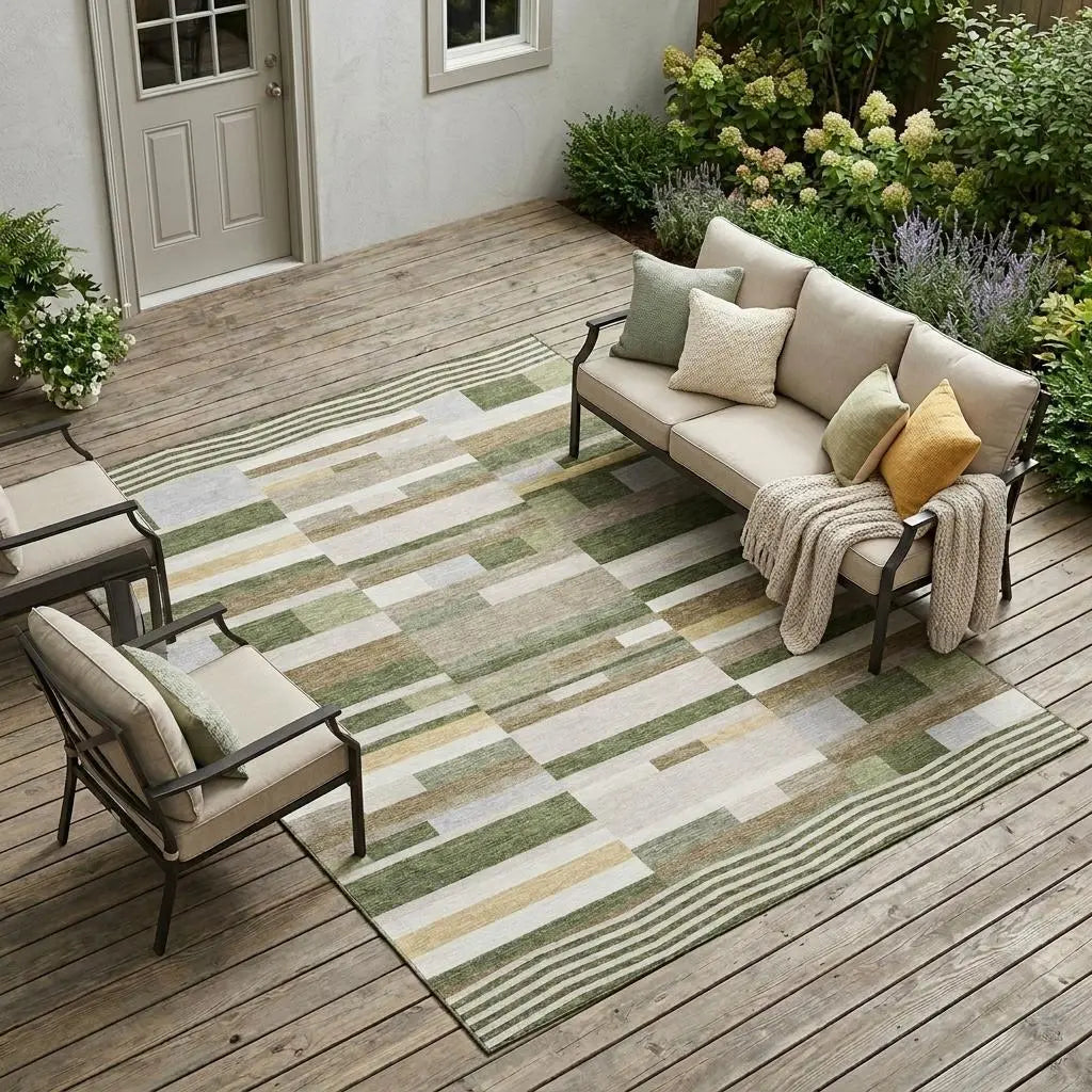 8' X 10' Olive Green And Green Striped Washable Indoor Outdoor Area Rug Homeroots Outdoor