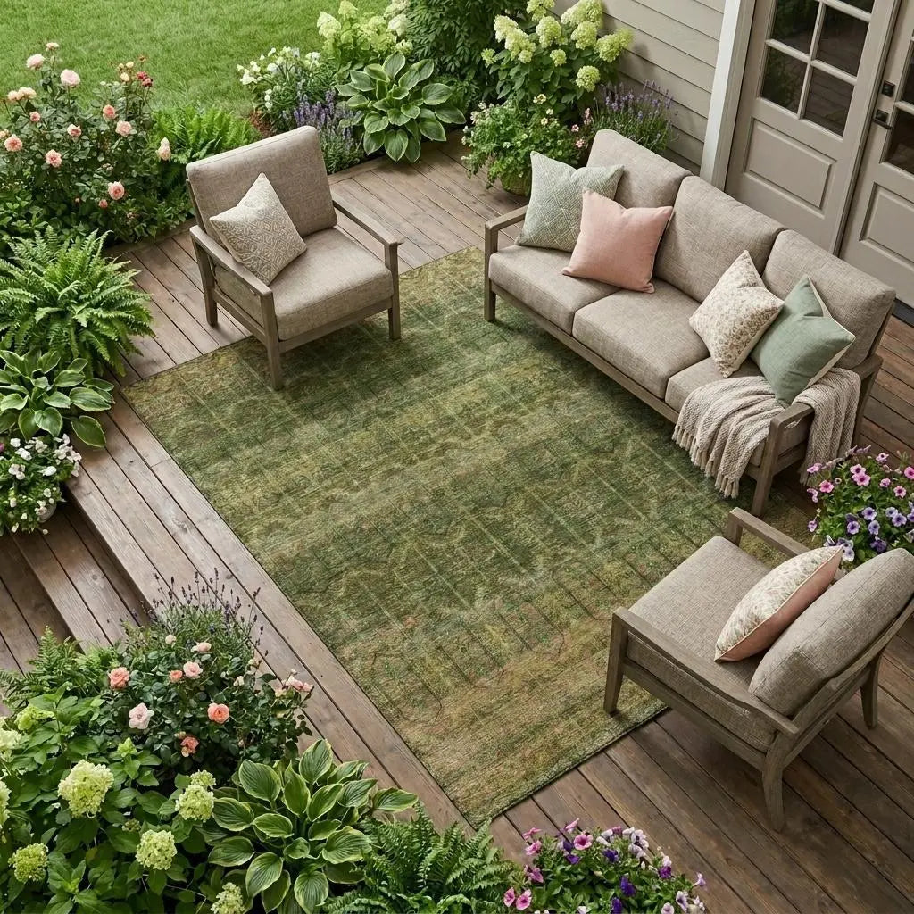8' X 10' Olive Green And Green Tribal Washable Indoor Outdoor Area Rug Homeroots Outdoor