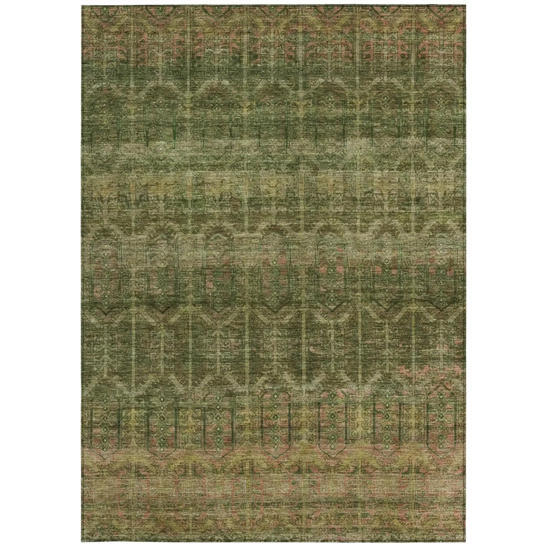 8' X 10' Olive Green And Green Tribal Washable Indoor Outdoor Area Rug Homeroots Outdoor