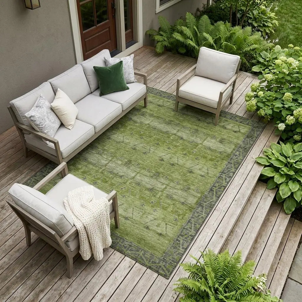 8' X 10' Olive Green And Green Tribal Washable Indoor Outdoor Area Rug Homeroots Outdoor