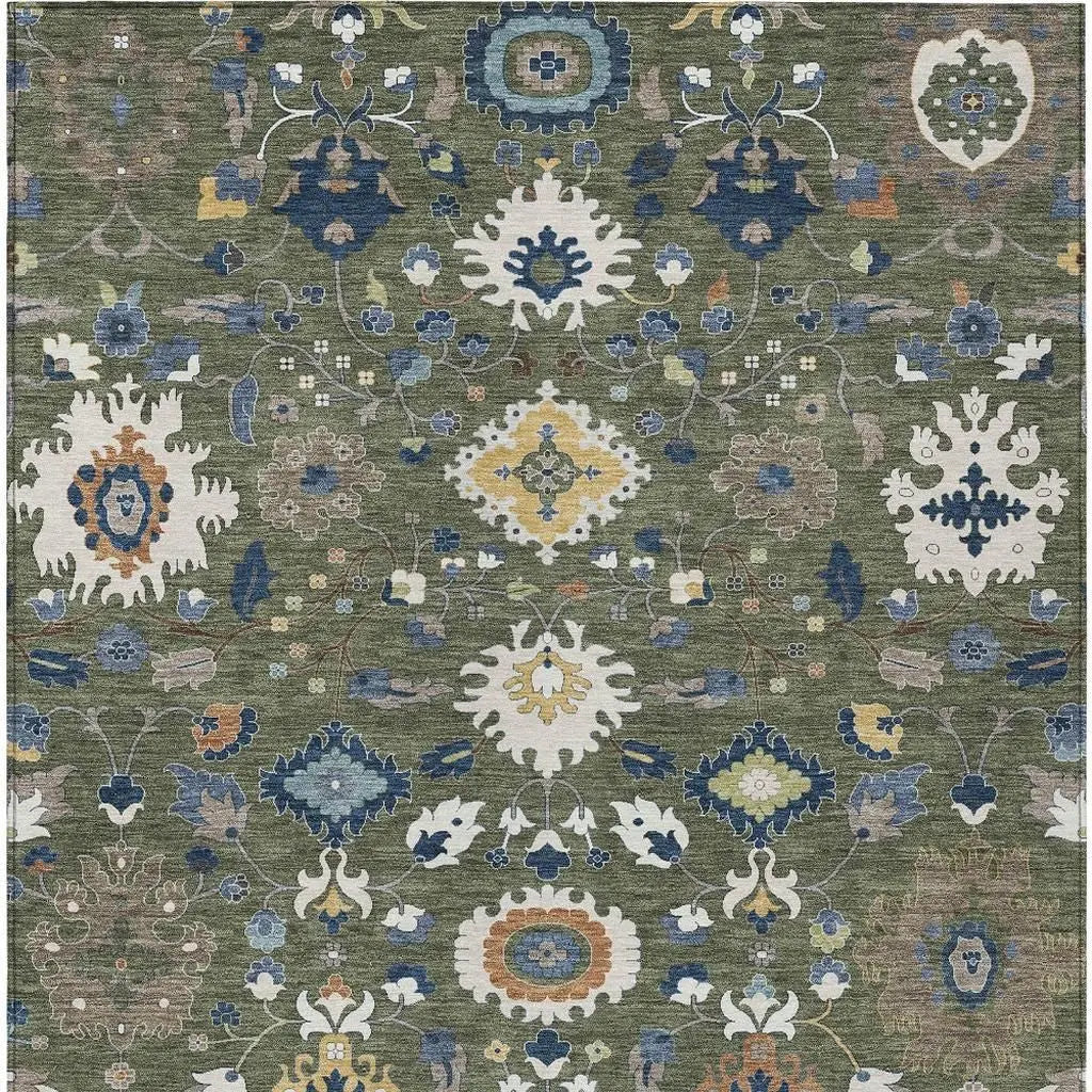 8' X 10' Olive Green And Ivory Floral Medallion Washable Indoor Outdoor Area Rug Homeroots Outdoor