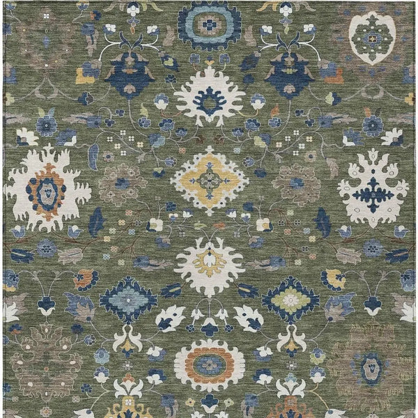 8' X 10' Olive Green And Ivory Floral Medallion Washable Indoor Outdoor Area Rug Homeroots Outdoor