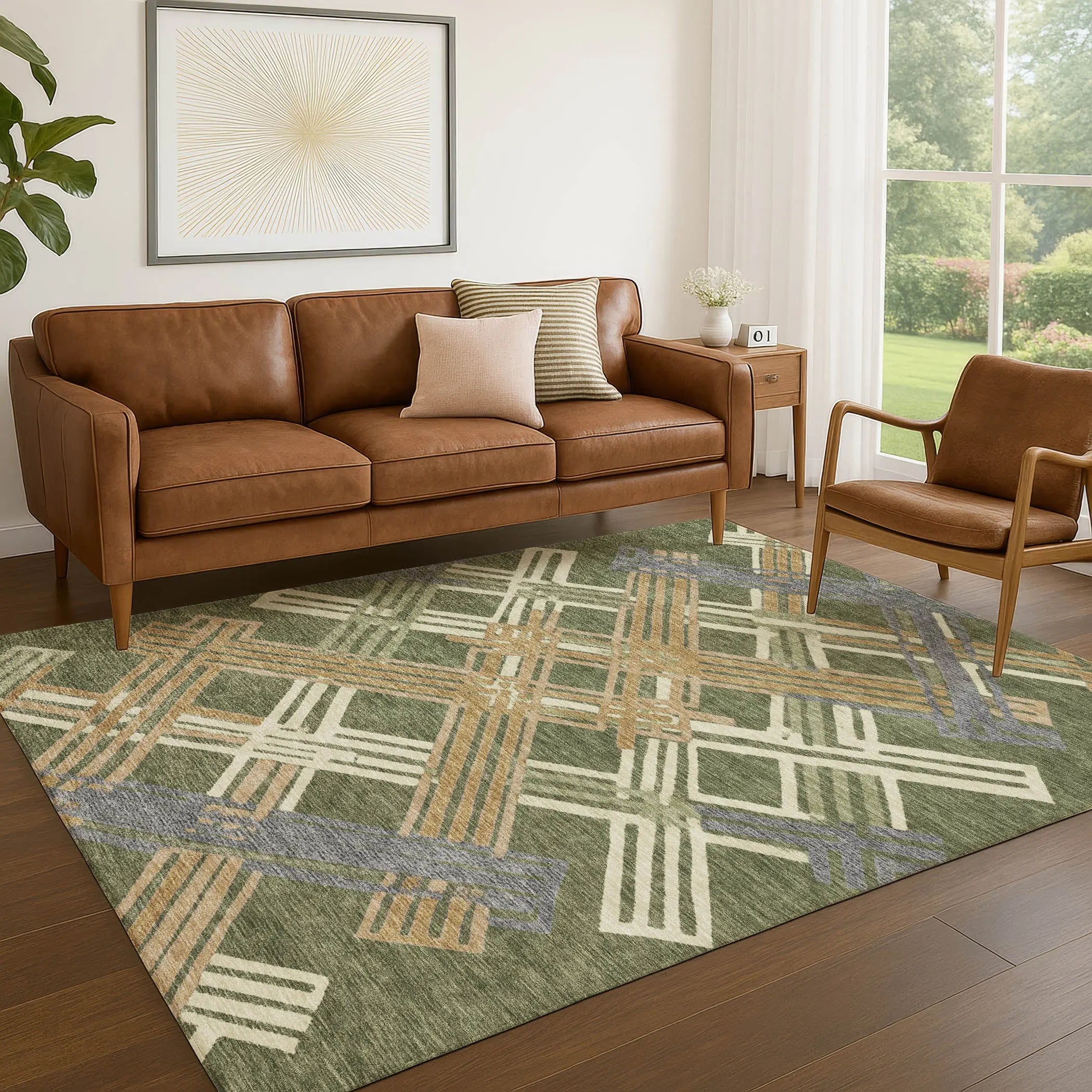 8' X 10' Olive Green And Ivory Geometric Washable Indoor Outdoor Area Rug Homeroots Outdoor