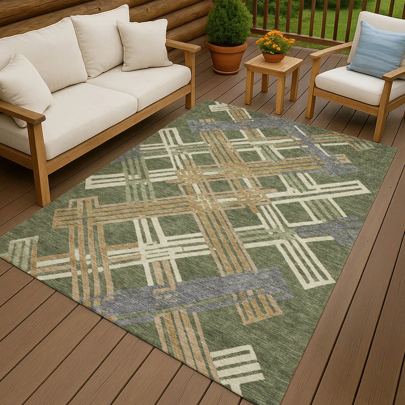 8' X 10' Olive Green And Ivory Geometric Washable Indoor Outdoor Area Rug Homeroots Outdoor