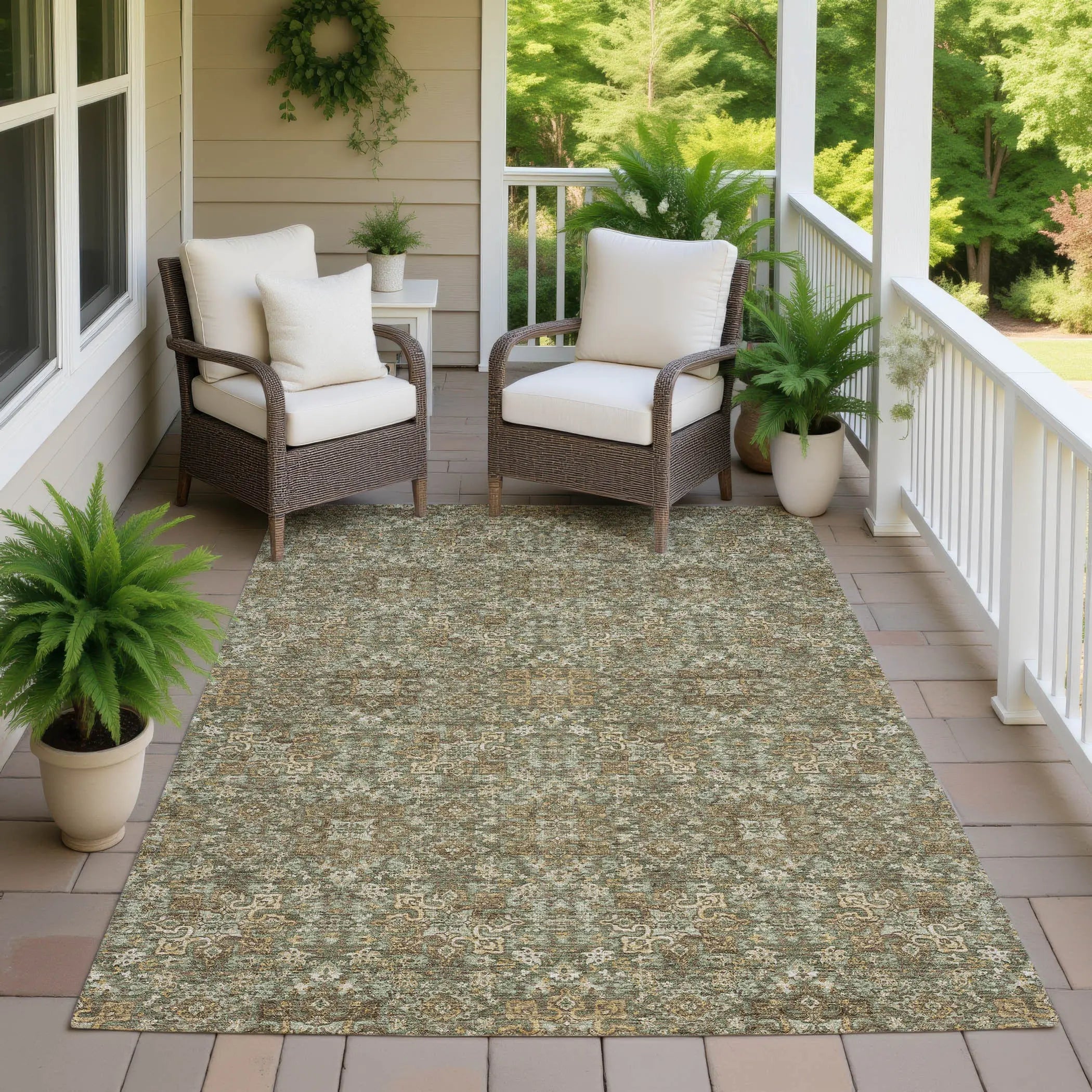 8' X 10' Olive Green And Ivory Oriental Washable Indoor Outdoor Area Rug Homeroots Outdoor