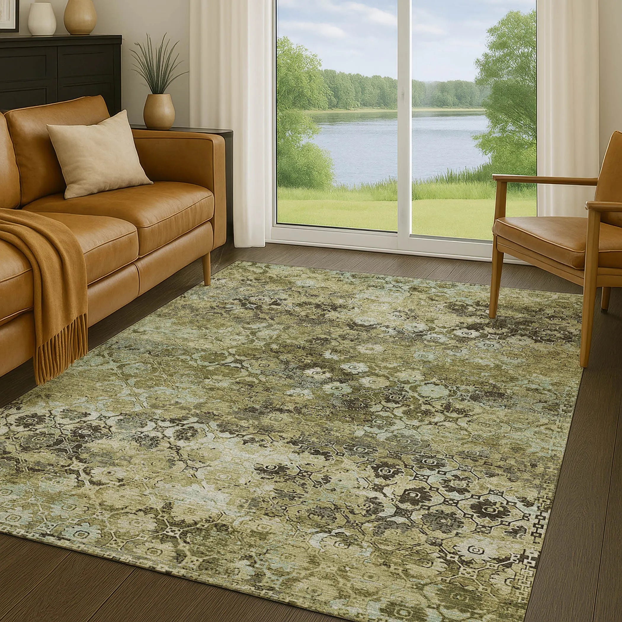 8' X 10' Olive Green And Mint Green Abstract Washable Indoor Outdoor Area Rug Homeroots Outdoor