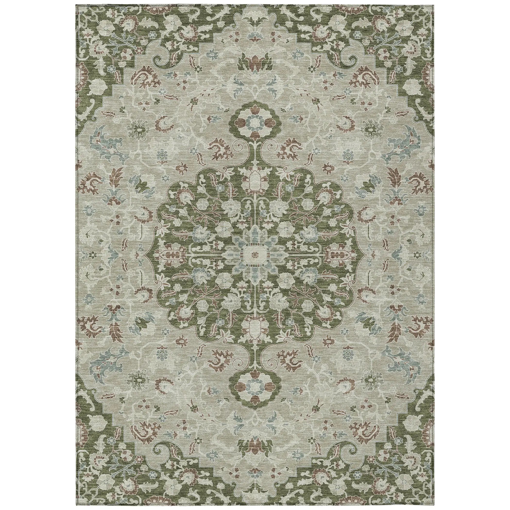8' X 10' Olive Green And Sage Floral Medallion Washable Indoor Outdoor Area Rug Homeroots Outdoor