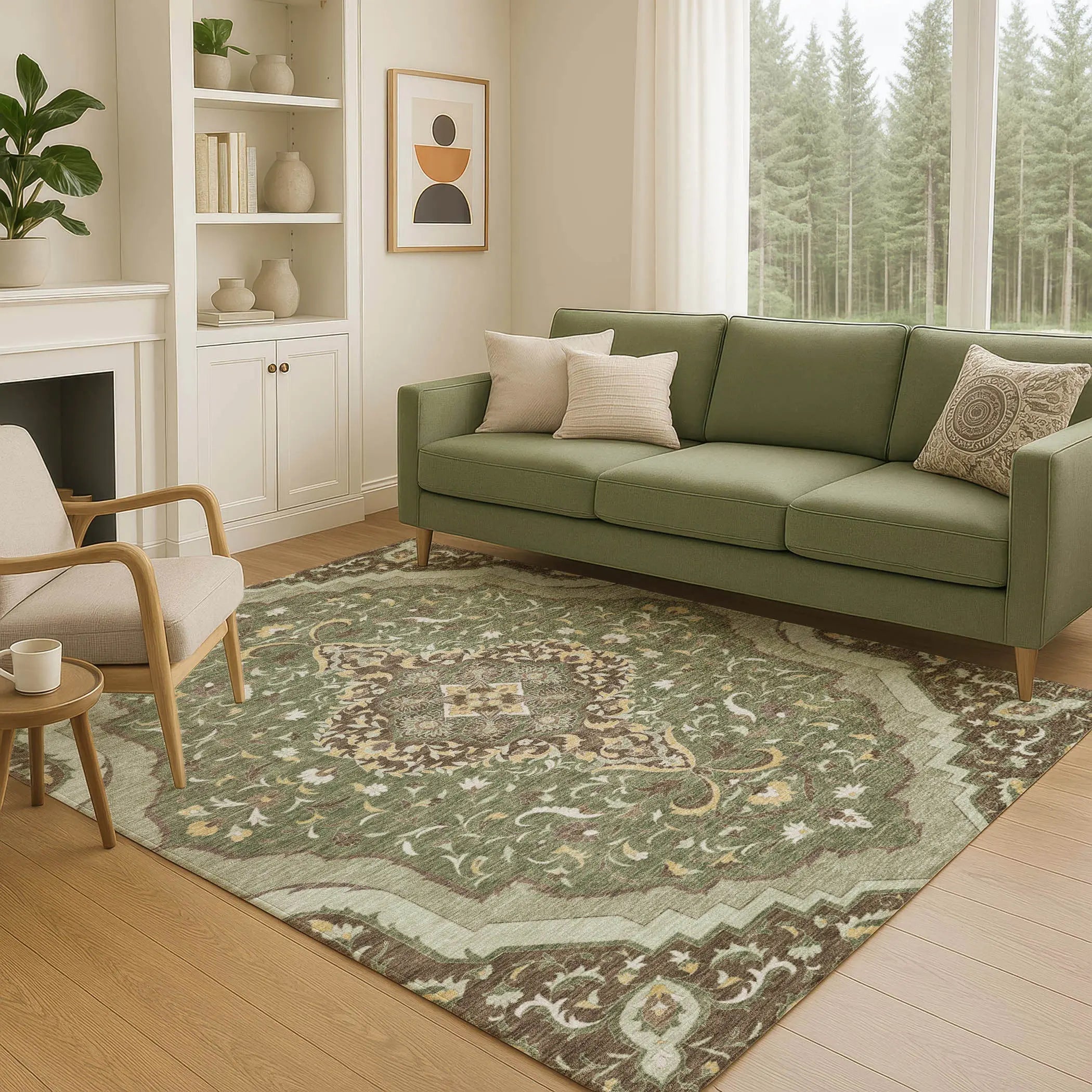 8' X 10' Olive Green And Taupe Medallion Washable Indoor Outdoor Area Rug Homeroots Outdoor