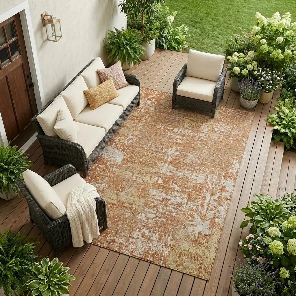 8' X 10' Orange And Beige Abstract Washable Indoor Outdoor Area Rug Homeroots Outdoor