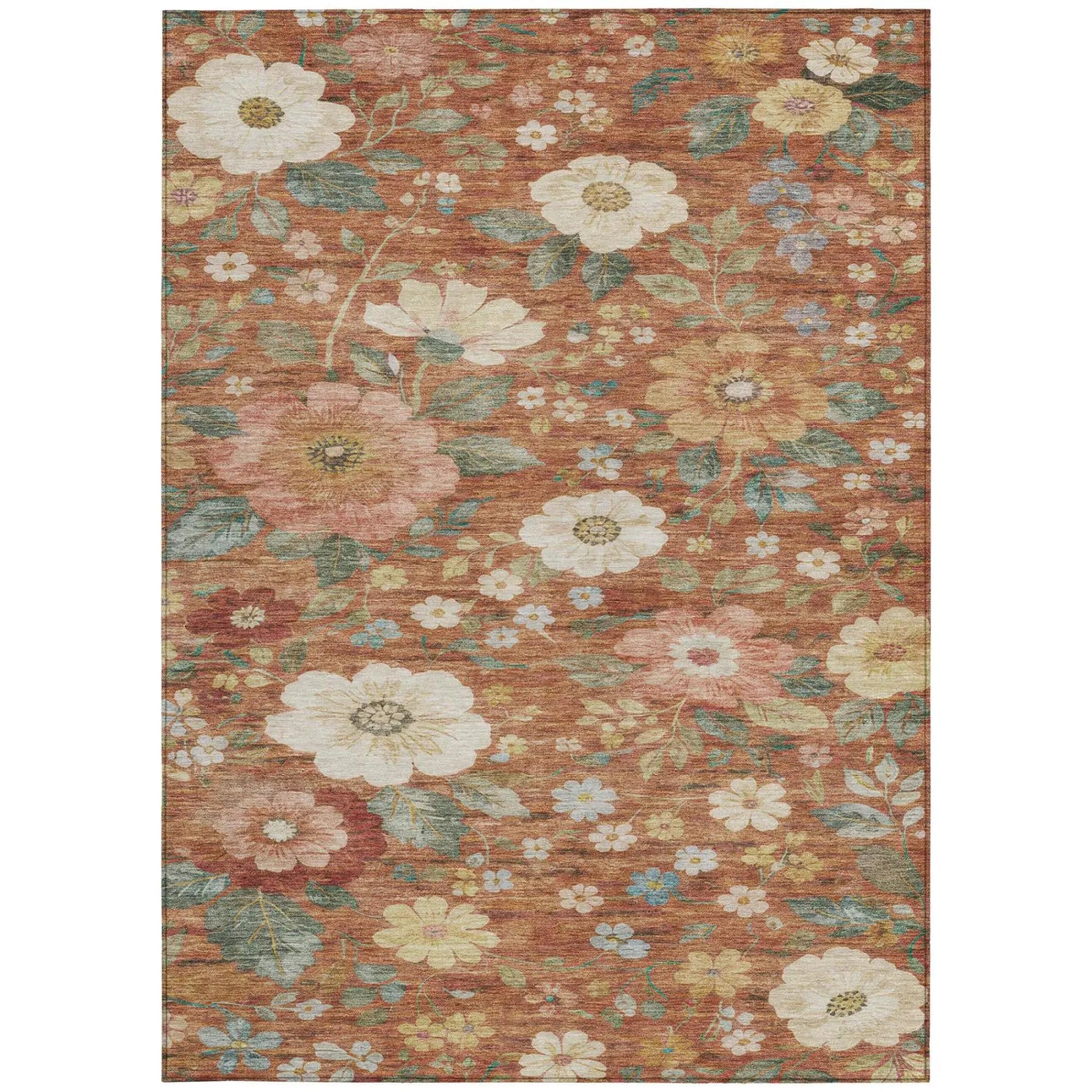 8' X 10' Orange And Beige Floral Washable Indoor Outdoor Area Rug Homeroots Outdoor