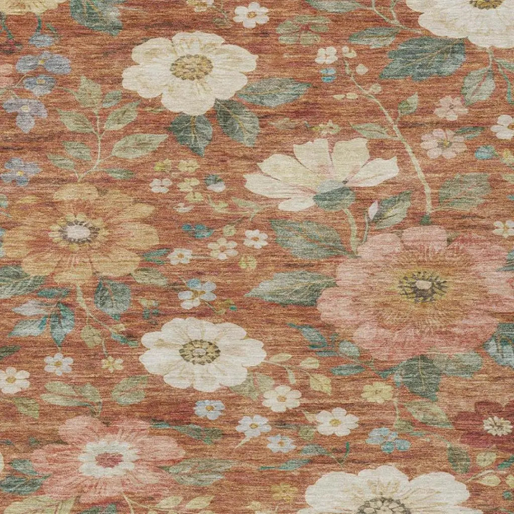 8' X 10' Orange And Beige Floral Washable Indoor Outdoor Area Rug Homeroots Outdoor