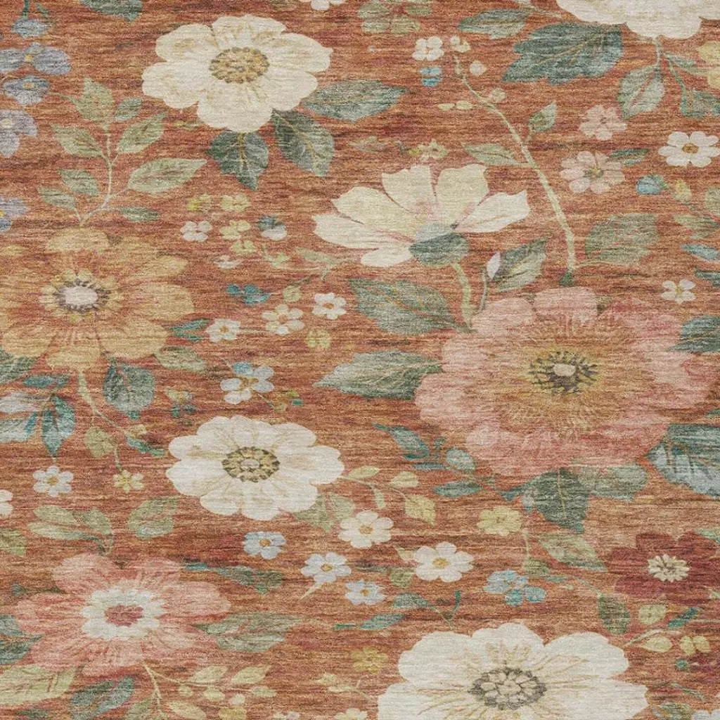 8' X 10' Orange And Beige Floral Washable Indoor Outdoor Area Rug Homeroots Outdoor