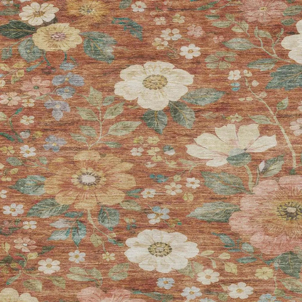 8' X 10' Orange And Beige Floral Washable Indoor Outdoor Area Rug Homeroots Outdoor