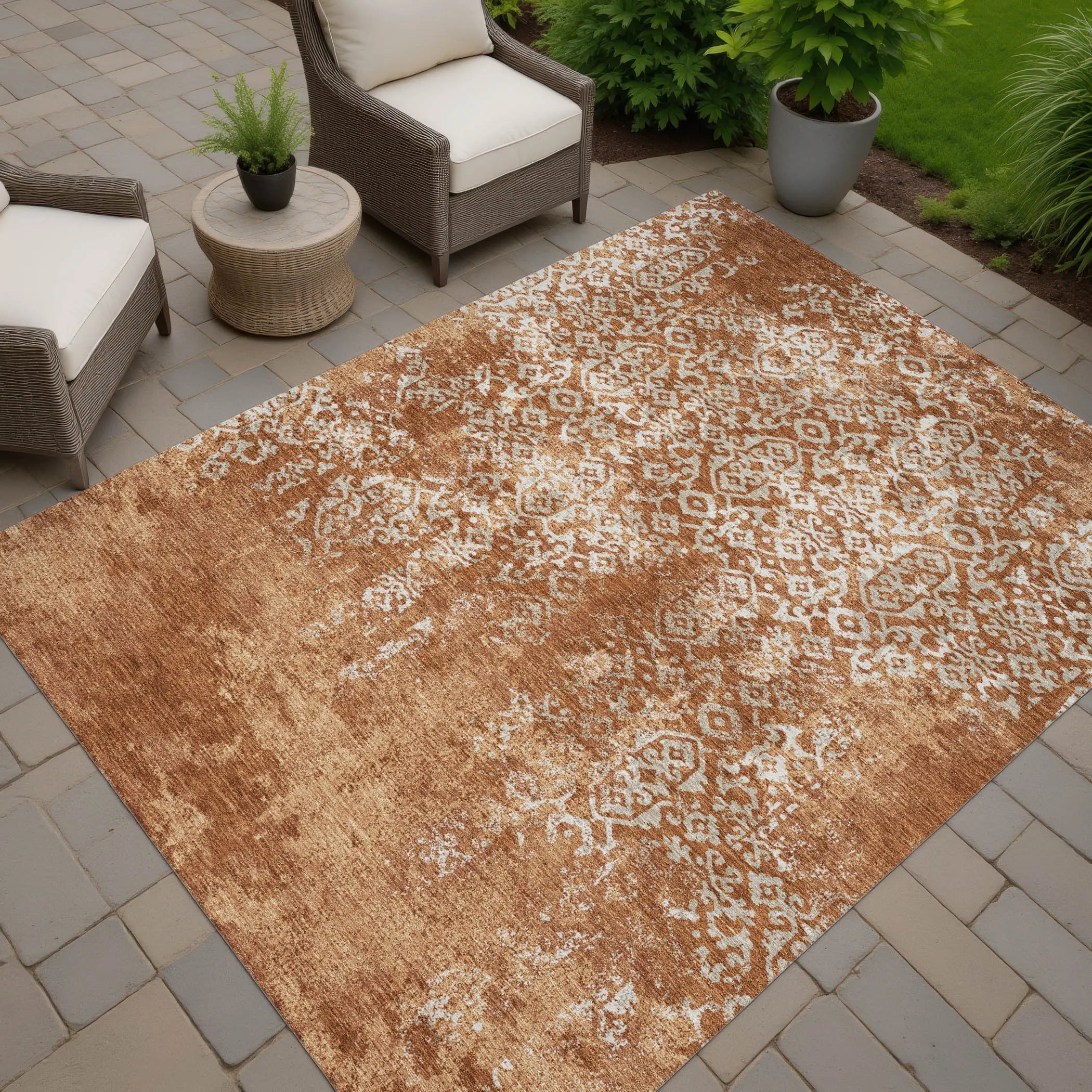 8' X 10' Orange And Beige Oriental Washable Indoor Outdoor Area Rug Homeroots Outdoor