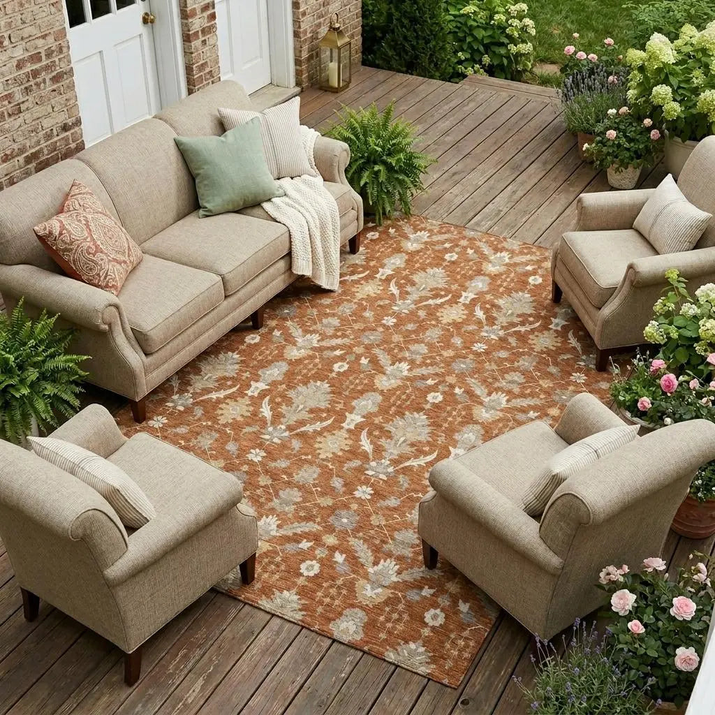 8' X 10' Orange And Beige Oriental Washable Indoor Outdoor Area Rug Homeroots Outdoor