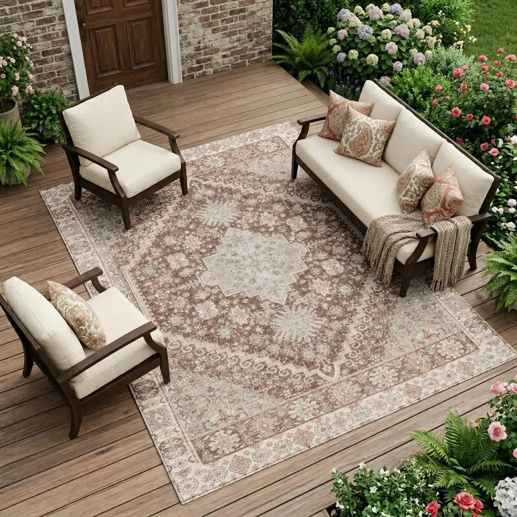 8' X 10' Orange And Beige Oriental Washable Indoor Outdoor Area Rug Homeroots Outdoor