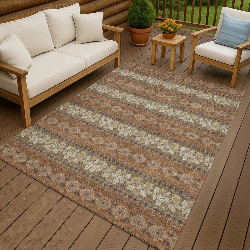 8' X 10' Orange And Beige Striped Washable Indoor Outdoor Area Rug Homeroots Outdoor
