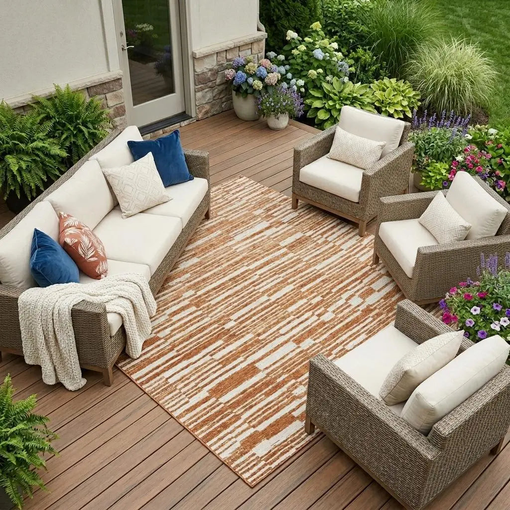 8' X 10' Orange And Beige Striped Washable Indoor Outdoor Area Rug Homeroots Outdoor
