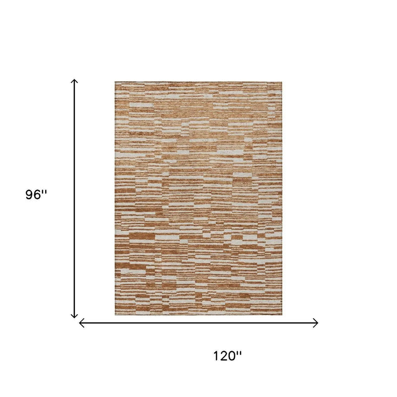 8' X 10' Orange And Beige Striped Washable Indoor Outdoor Area Rug Homeroots Outdoor