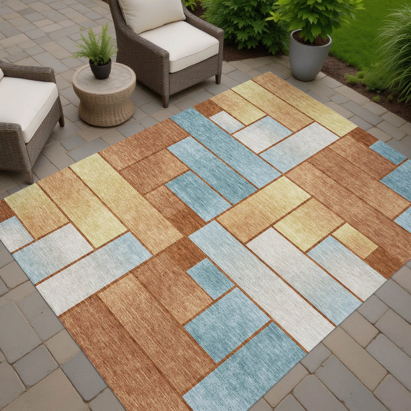 8' X 10' Orange And Blue Geometric Washable Indoor Outdoor Area Rug Homeroots Outdoor