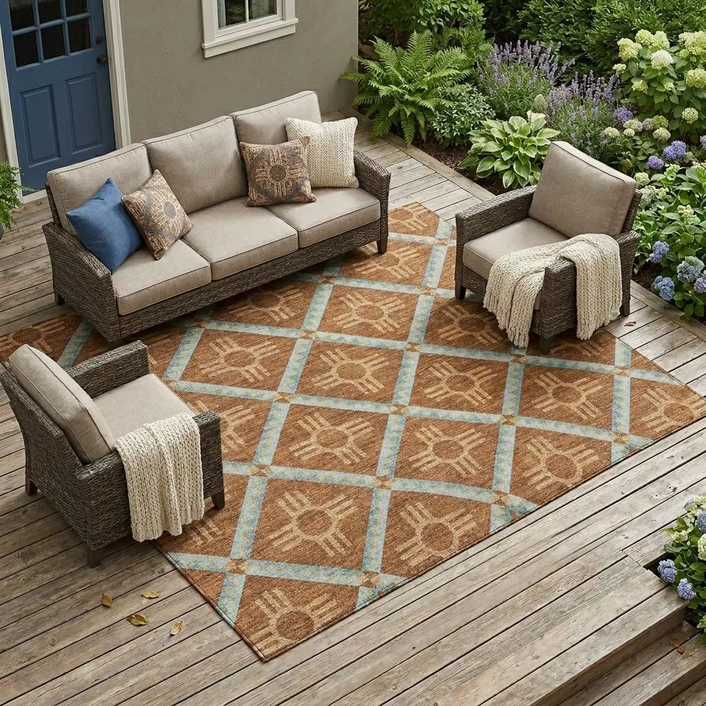 8' X 10' Orange And Blue Geometric Washable Indoor Outdoor Area Rug Homeroots Outdoor