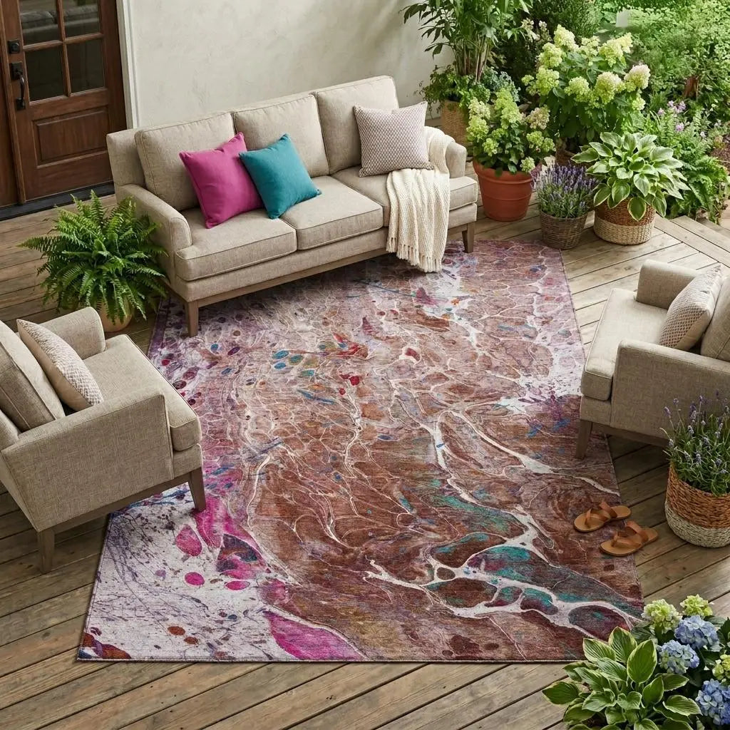 8' X 10' Orange And Blush Abstract Washable Indoor Outdoor Area Rug Homeroots Outdoor