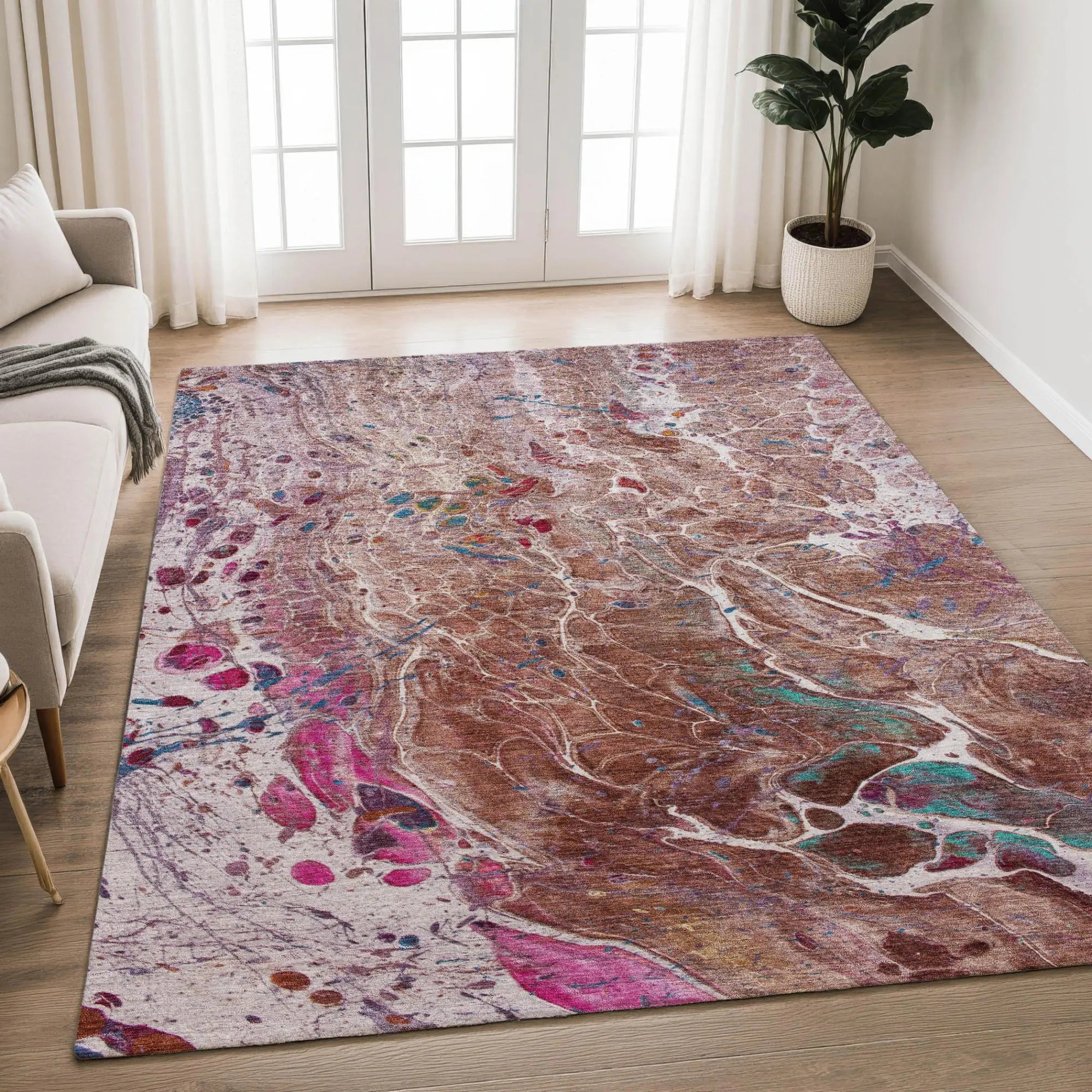 8' X 10' Orange And Blush Abstract Washable Indoor Outdoor Area Rug Homeroots Outdoor