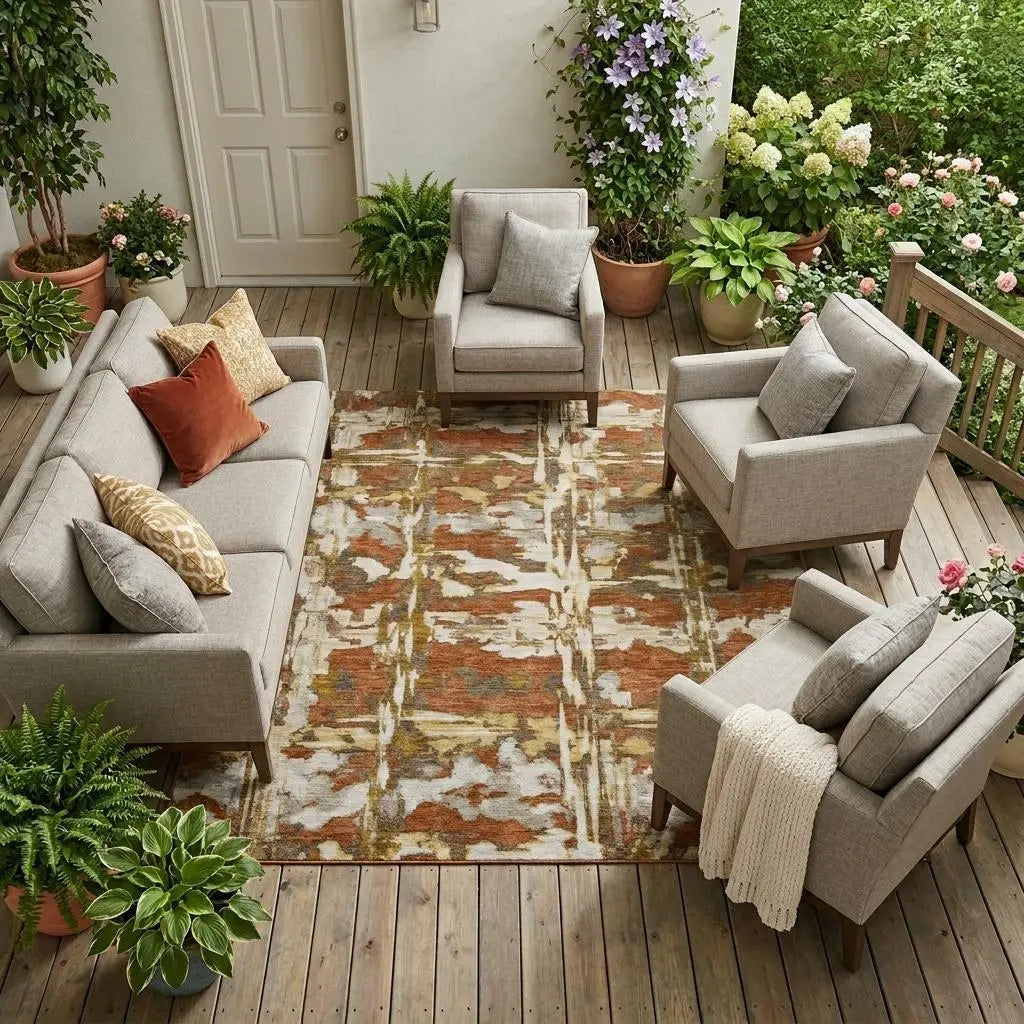 8' X 10' Orange And Brown Abstract Washable Indoor Outdoor Area Rug Homeroots Outdoor
