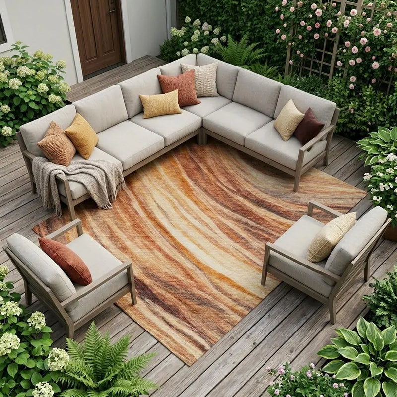 8' X 10' Orange And Brown Abstract Washable Indoor Outdoor Area Rug Homeroots Outdoor
