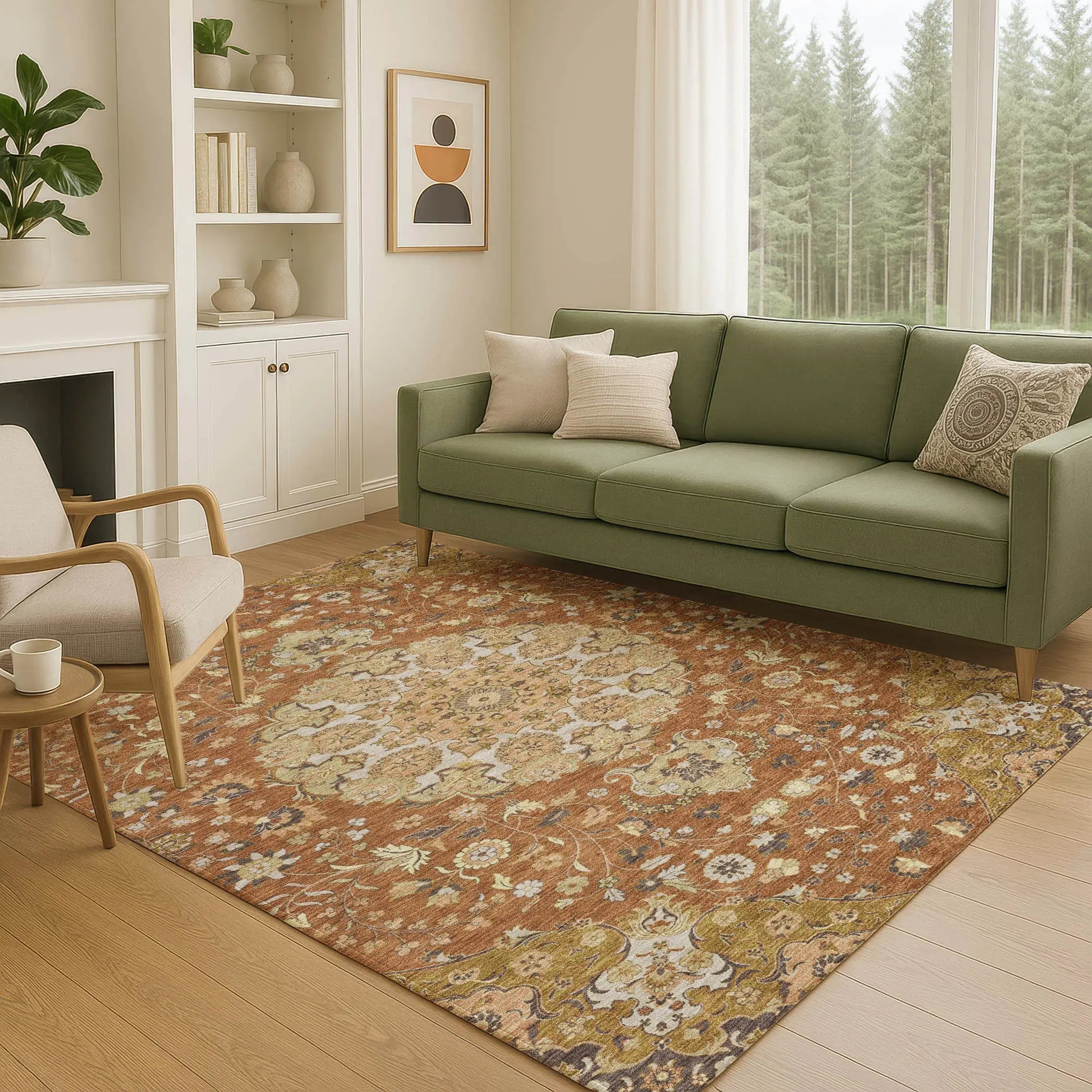 8' X 10' Orange And Brown Damask Washable Indoor Outdoor Area Rug Homeroots Outdoor