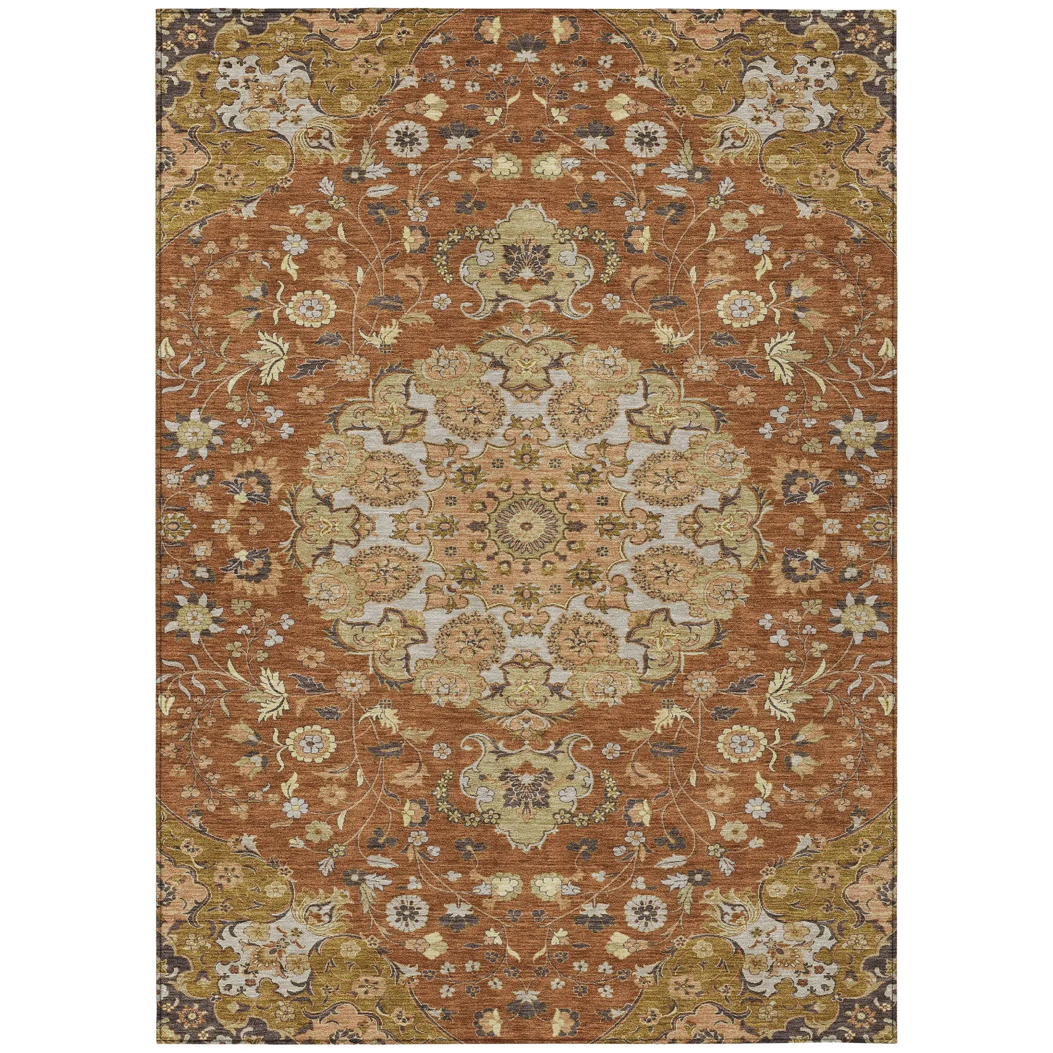 8' X 10' Orange And Brown Damask Washable Indoor Outdoor Area Rug Homeroots Outdoor