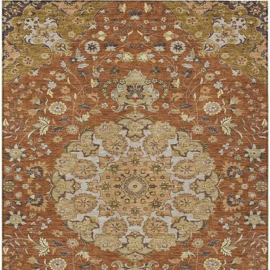 8' X 10' Orange And Brown Damask Washable Indoor Outdoor Area Rug Homeroots Outdoor
