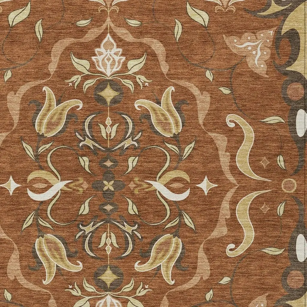 8' X 10' Orange And Brown Damask Washable Indoor Outdoor Area Rug Homeroots Outdoor