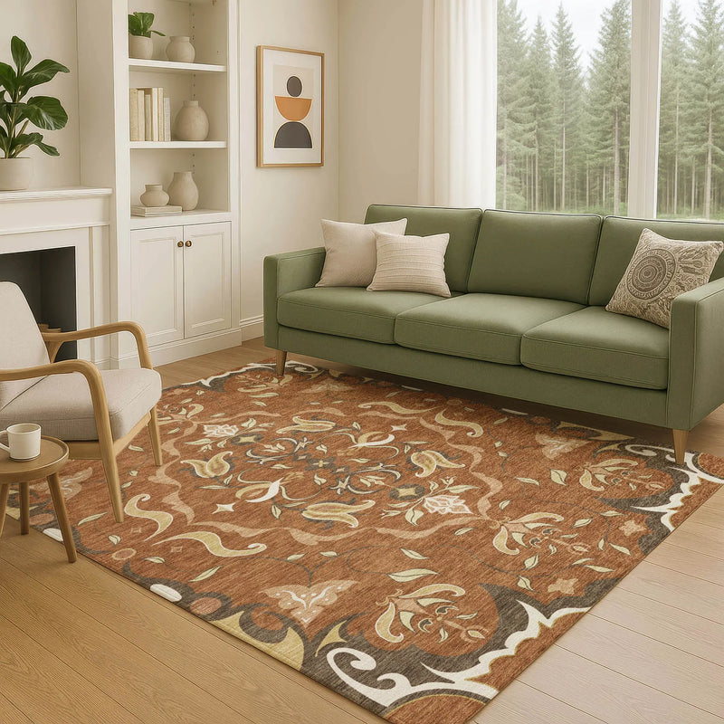 8' X 10' Orange And Brown Damask Washable Indoor Outdoor Area Rug Homeroots Outdoor