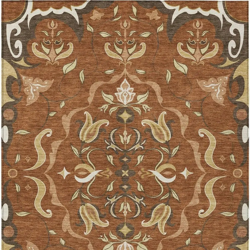 8' X 10' Orange And Brown Damask Washable Indoor Outdoor Area Rug Homeroots Outdoor