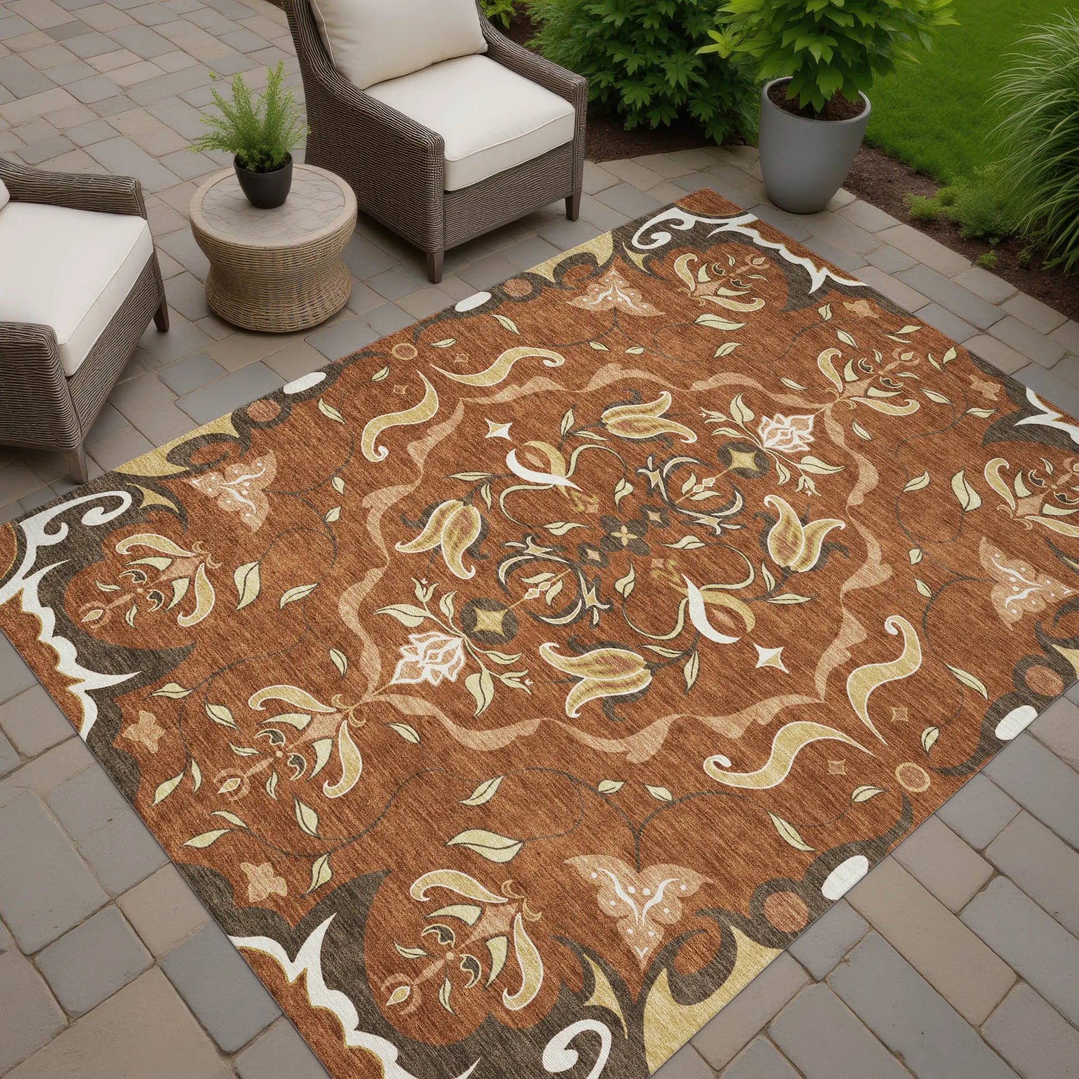 8' X 10' Orange And Brown Damask Washable Indoor Outdoor Area Rug Homeroots Outdoor