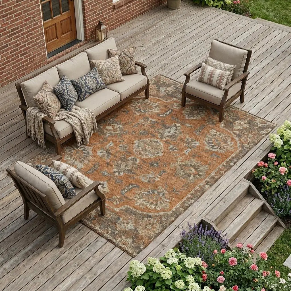 8' X 10' Orange And Brown Floral Medallion Washable Indoor Outdoor Area Rug Homeroots Outdoor