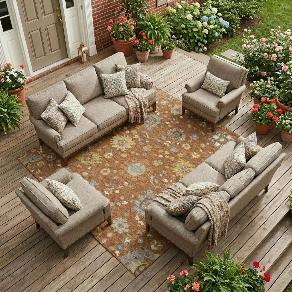 8' X 10' Orange And Brown Floral Washable Indoor Outdoor Area Rug Homeroots Outdoor