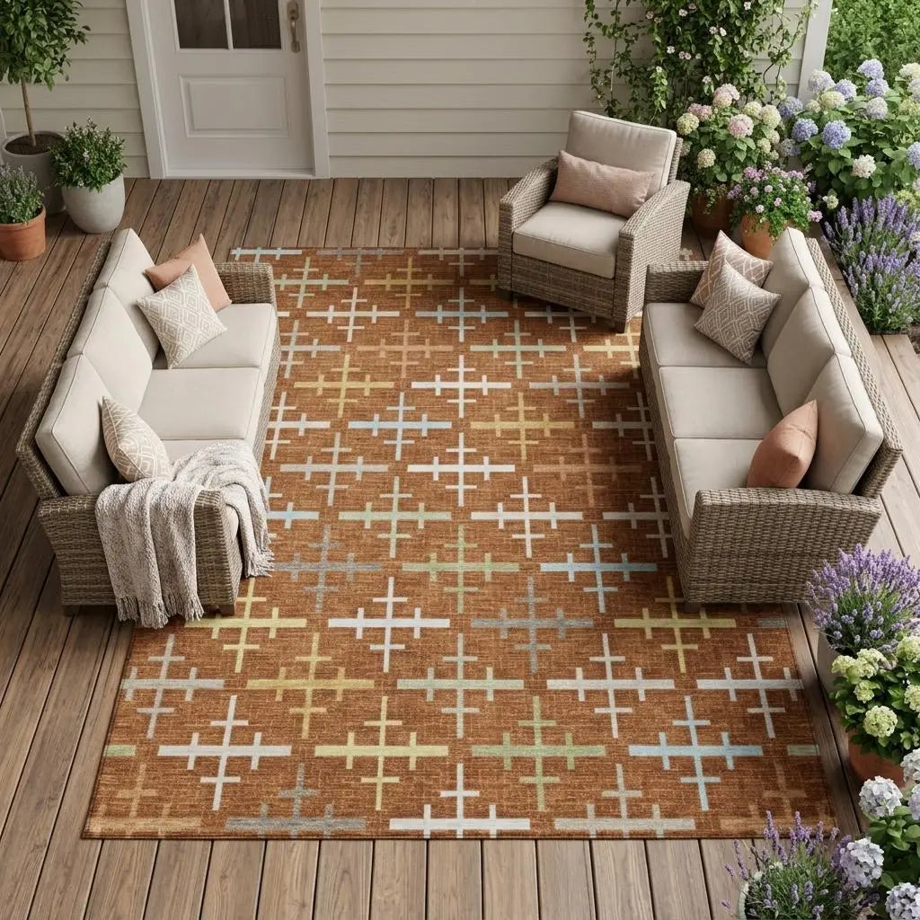 8' X 10' Orange And Brown Geometric Washable Indoor Outdoor Area Rug Homeroots Outdoor