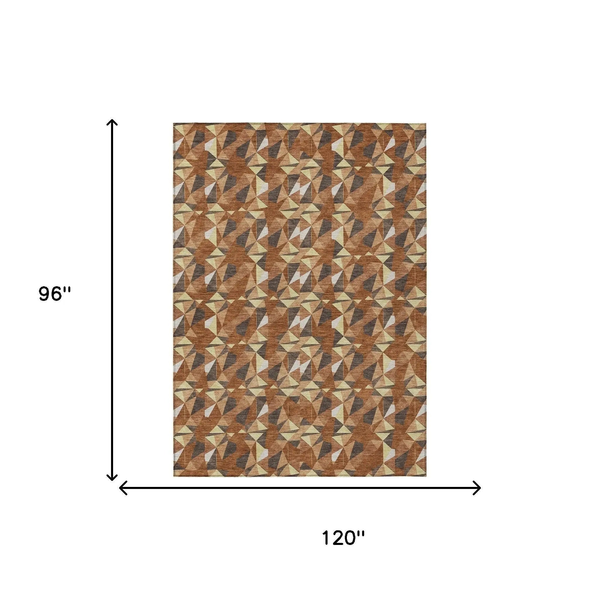 Geometric brown area rug, 120"x96", featuring intricate patterns in earthy tones and soft synthetic fibers.