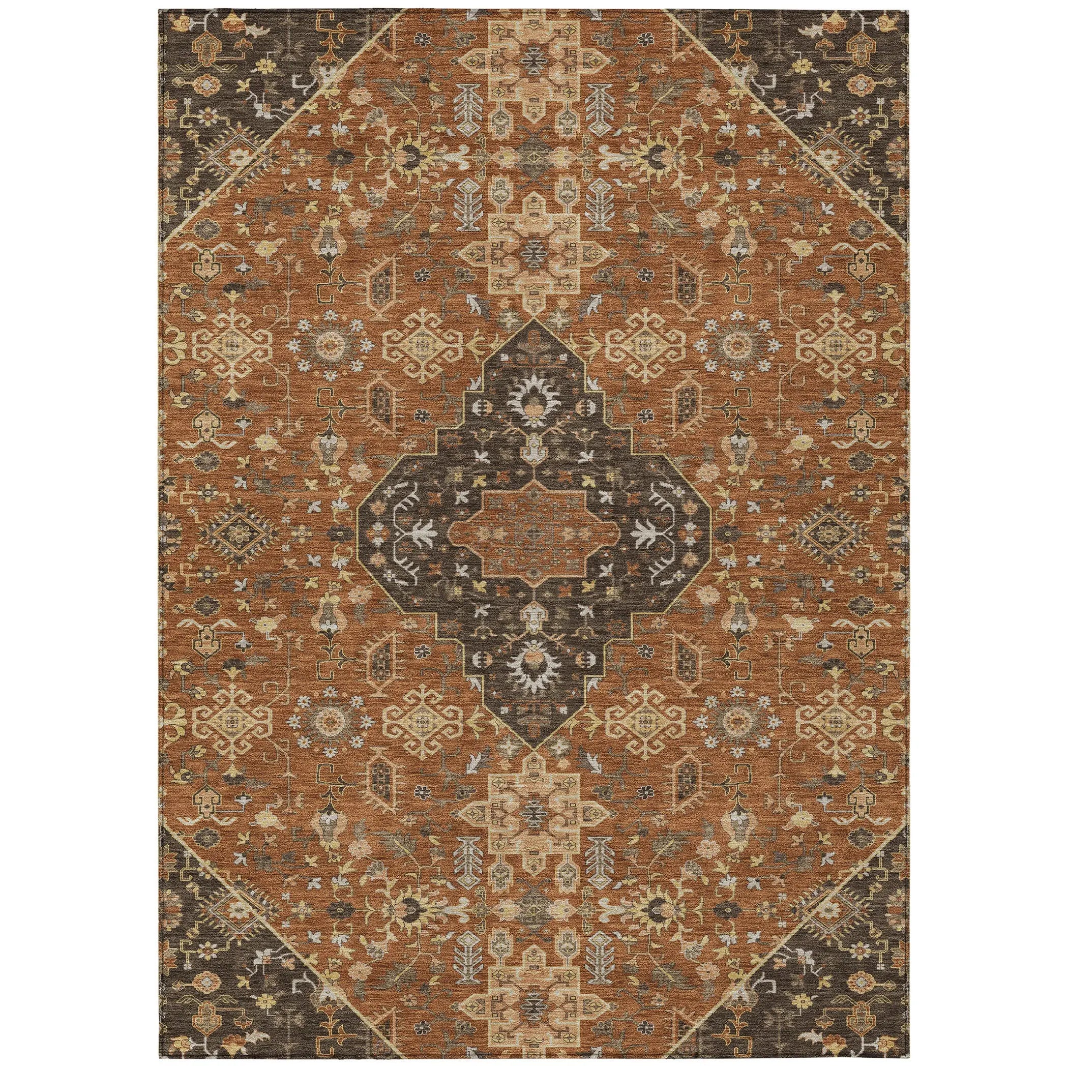 8' X 10' Orange And Brown Medallion Washable Indoor Outdoor Area Rug Homeroots Outdoor