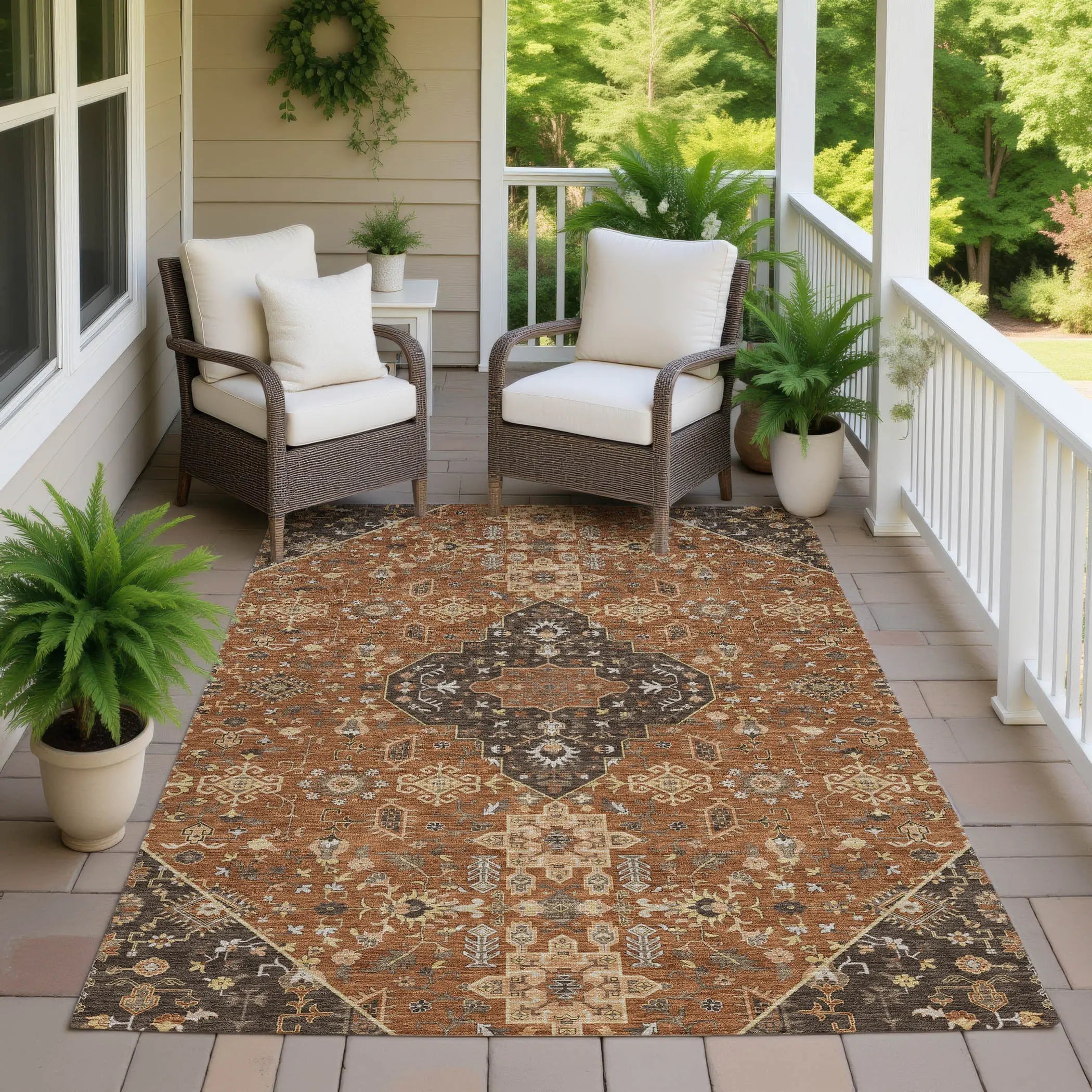 8' X 10' Orange And Brown Medallion Washable Indoor Outdoor Area Rug Homeroots Outdoor