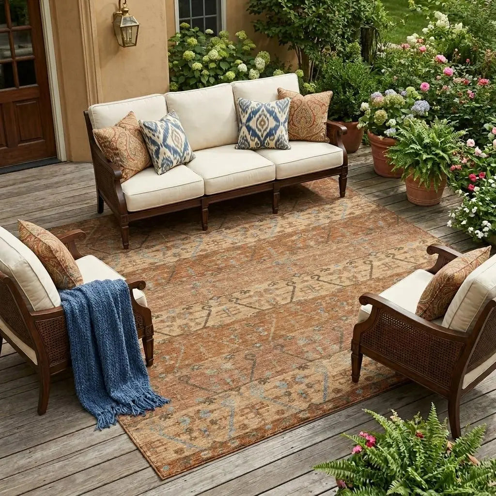 8' X 10' Orange And Brown Oriental Washable Indoor Outdoor Area Rug Homeroots Outdoor